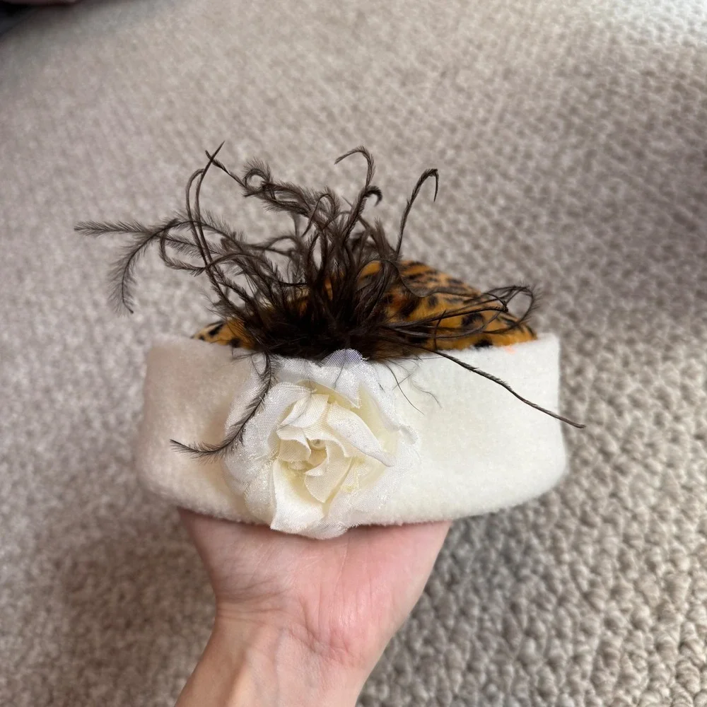 Kids Vintage Style Leopard Print Pillbox Hat with Rose and Feathers Cream